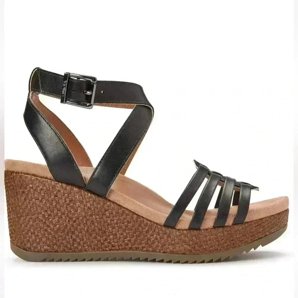 Vionic Clarisa Raffia Wedge Sandals Concealed Ortho Size 9 Black Leather - Picture 5 of 11